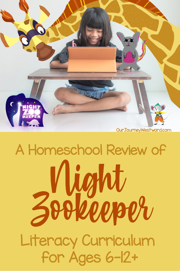 Child sitting at a table on an iPad. A animated giraffe, mouse, koala, and elephant surround the table. Promotes a review about the night zookeeper curriculum.