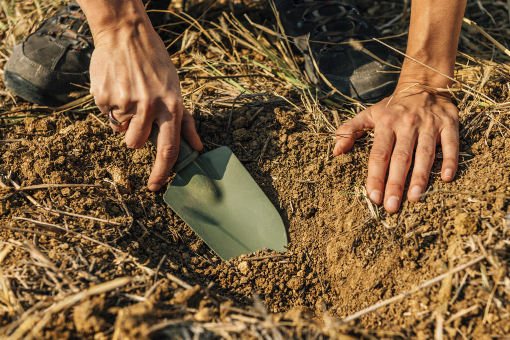 digging soil with trowel