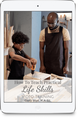 Father teaching a son how to use a drill to screw into wood. This is the cover for a masterclass about teaching life skills
