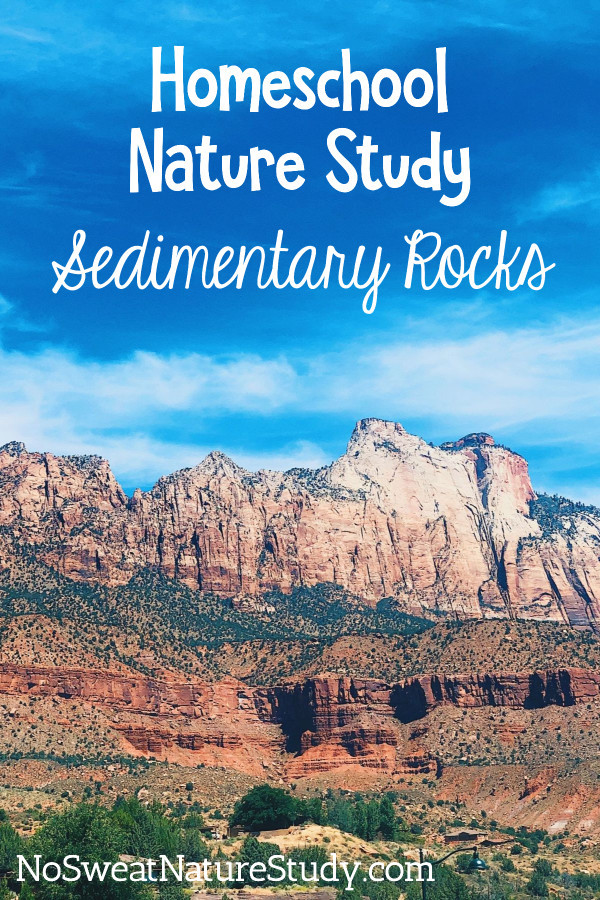 View of red sandstone mountain with blue sky advertising a nature study podcast about sedimentary rocks