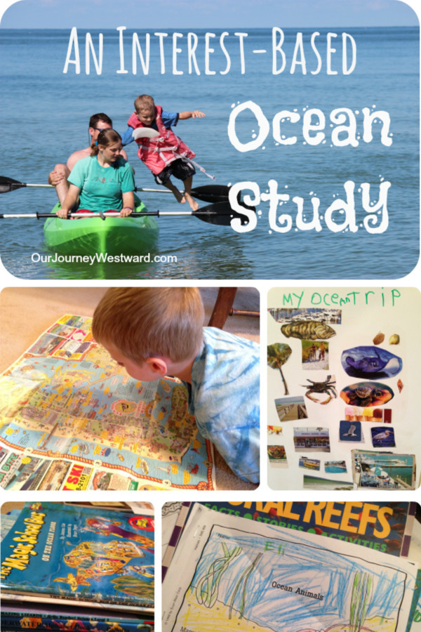 A family in a canoe on the ocean, plus books and projects showcasing a homeschool ocean study