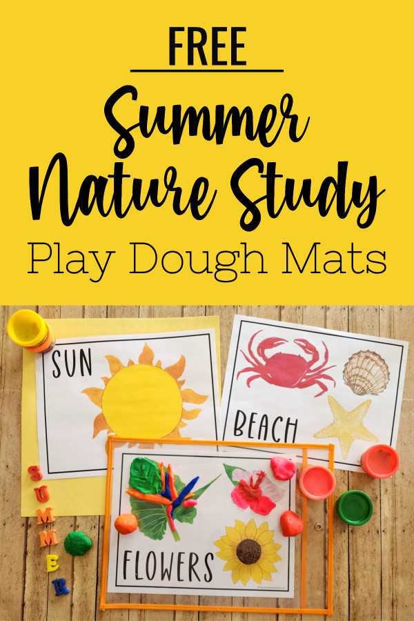play dough and printable play dough mats with summer images of a sun, crab, shells, leaf, and flowers