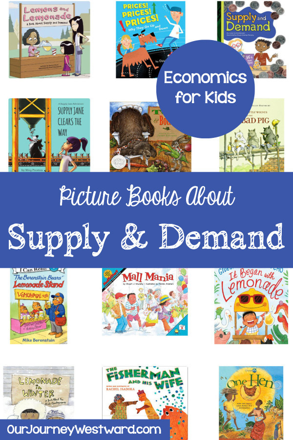 Economics picture books in the background with a blue banner and circle advertising a blog post about economics picture books for kids. Specifically supply and demand.