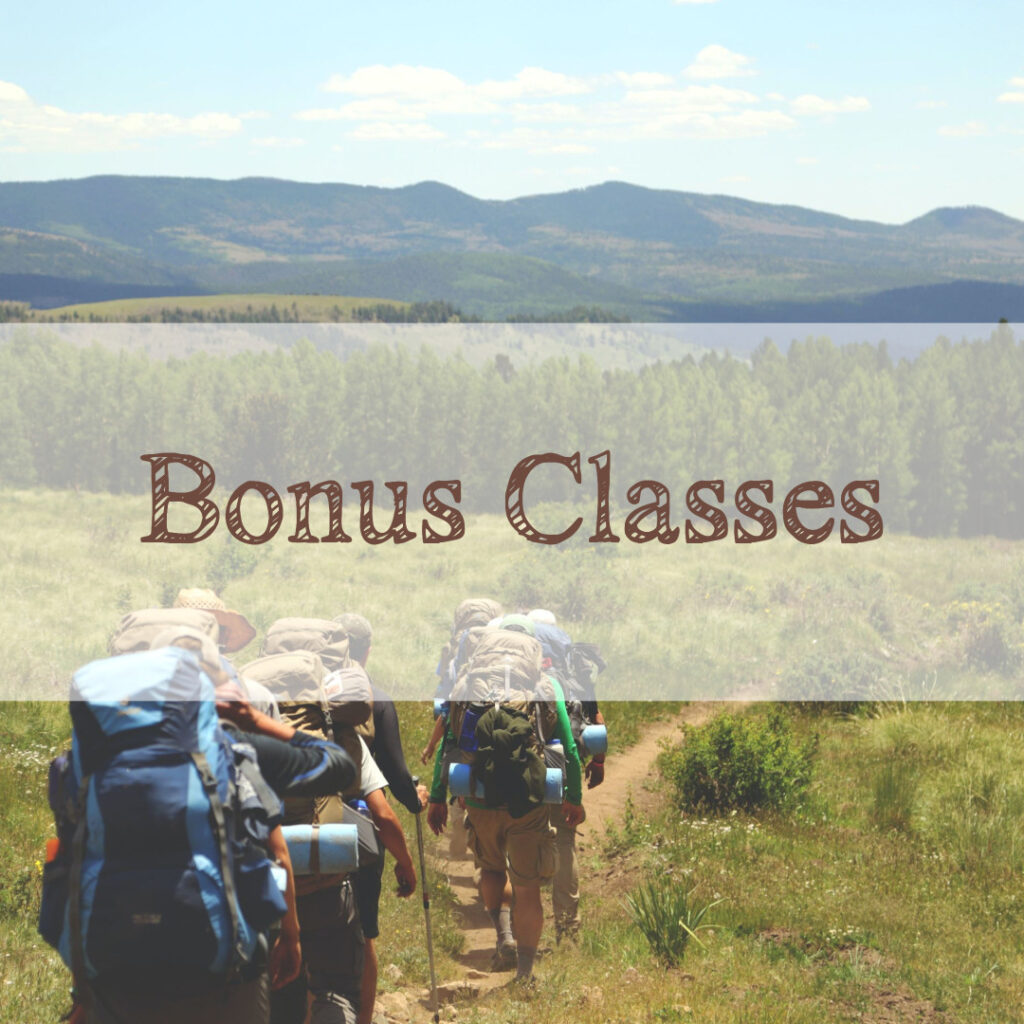 Hikers with loaded backpacks hike towards trees and mountains. An opaque banner with the words "Bonus Classes" is in the foreground.