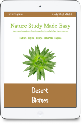 iPad icon with brown trim. In the middle is a green aloe plant. It is the cover of a curriculum about Desert Biomes.