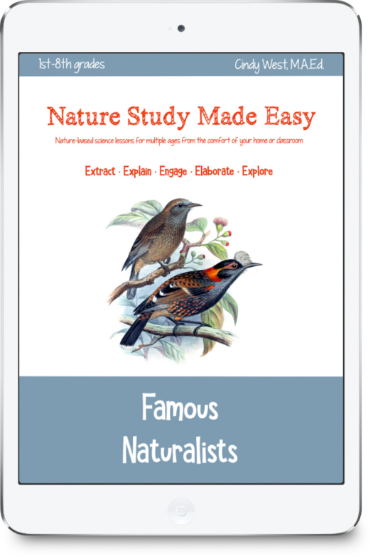 iPad with grey/blue trim. Has a drawing of two birds sitting on tree branches. It is the cover for a curriculum about Famous Naturalists.