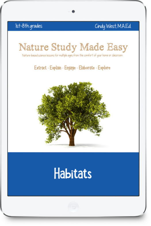 iPad icon with blue trim. Large tree with green leaves in the center. Used as the cover for a nature curriculum about habitats.