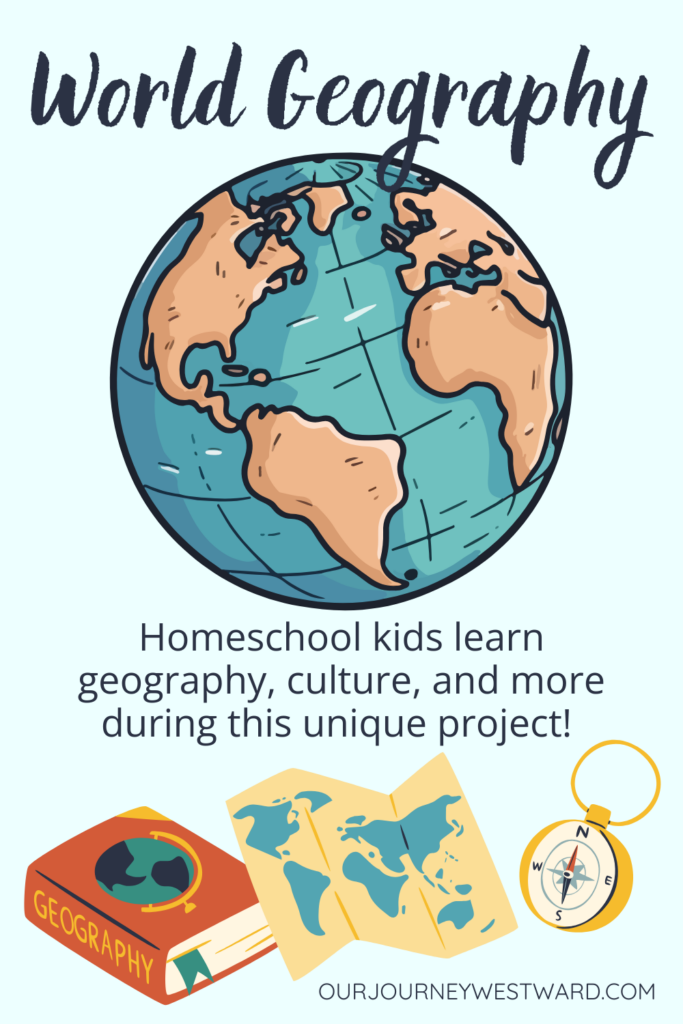 colorful graphics of a globe, world map, compass, and geography book