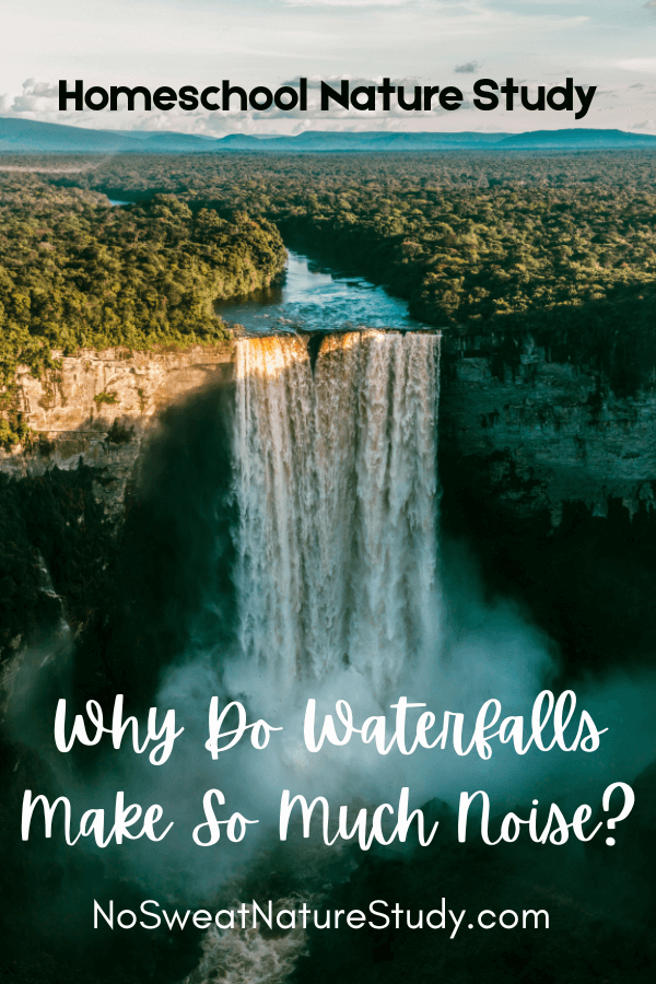 aerial photo with blue mountains in the background and a river running towards the foreground spilling over into a waterfall with white spray at the bottom with text overlay "why do waterfalls make so much noise?"