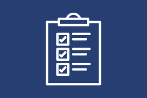 navy blue background with white clipboard icon