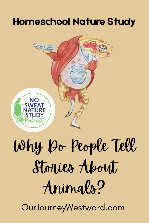 drawing of a brown and orange toad wearing a red jacket, a pink shirt, and orange and white striped pants holding a jug and a plate with text overlay "why do people tell stories about animals?"