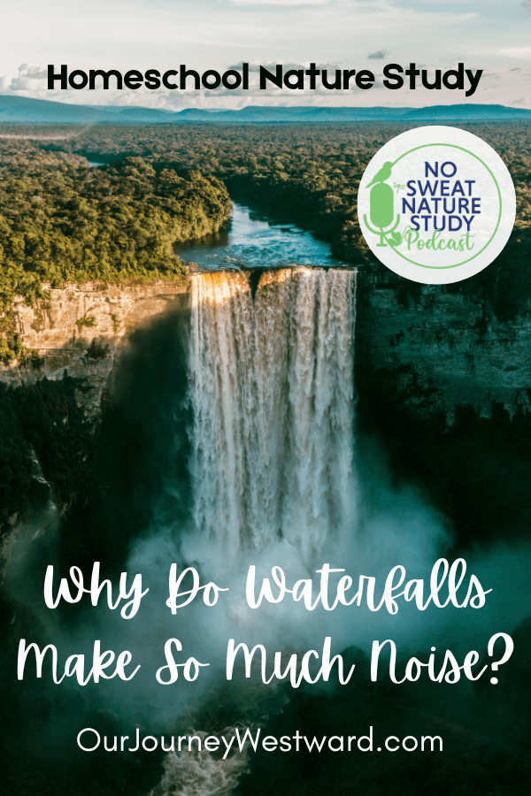 aerial photo with blue mountains in the background and a river running towards the foreground spilling over into a waterfall with white spray at the bottom with text overlay "why do waterfalls make so much noise?"