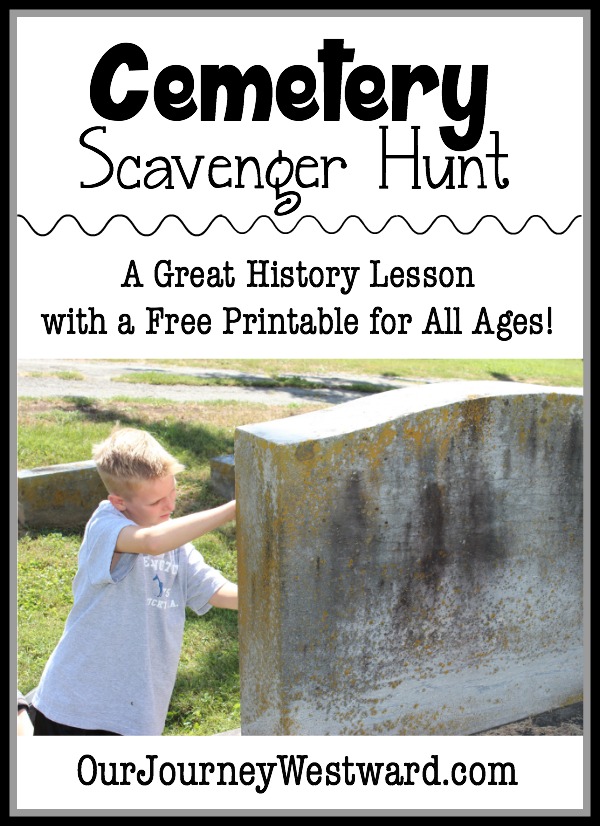 Boy observing a gravestone on the blog image for a Cemetery Scavenger Hunt.