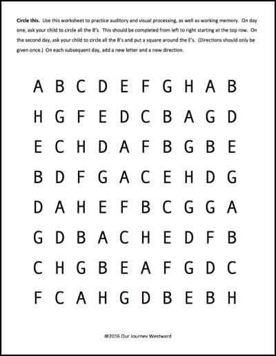 Circle This. A free brain training worksheet for auditory processing, visual processing and working memory.