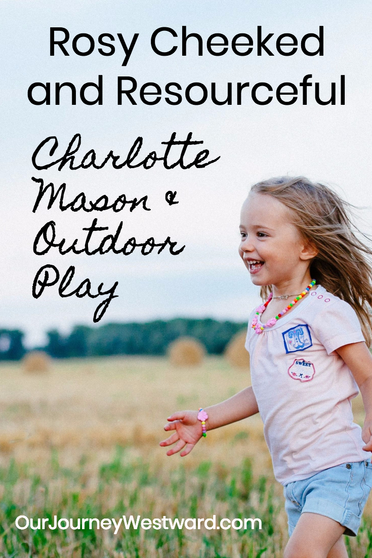 Girl in pink shirt grins and runs through a brown field. For a blog post image about Rosy Cheeked and Resourceful Charlotte Mason Play