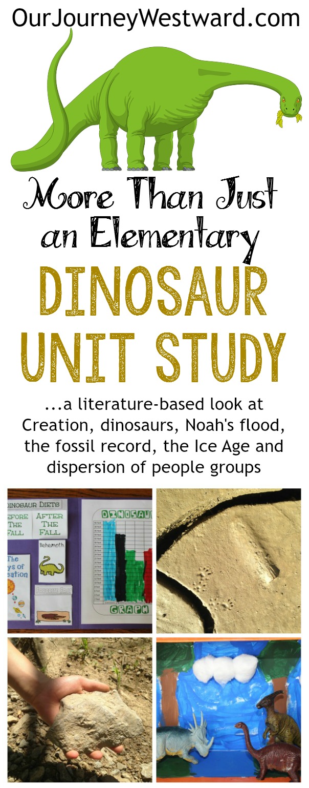 Dinosaur Unit Study image with photos of dinosaur experiments and an image of a green dinosaur at the top