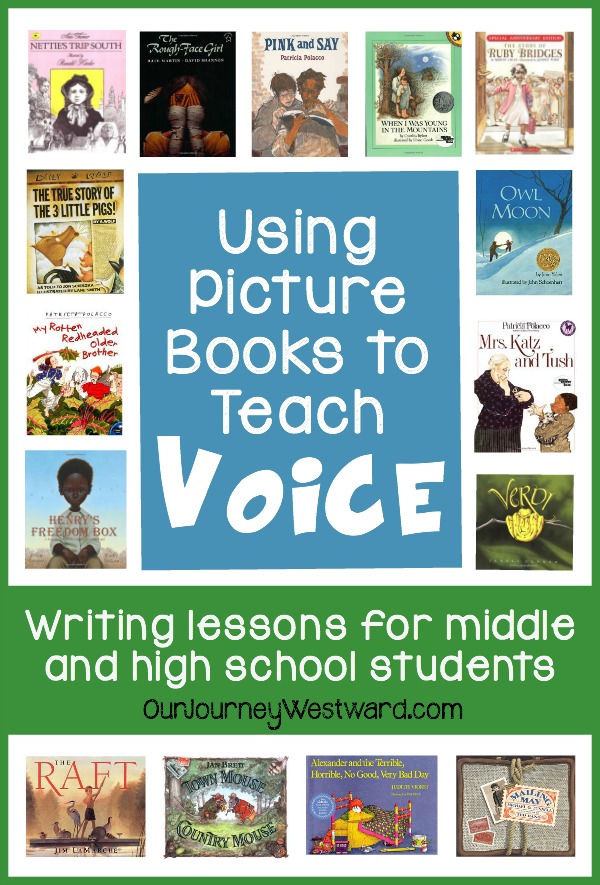 Using picture books to teach voice in writing blog image with images of little picture books.