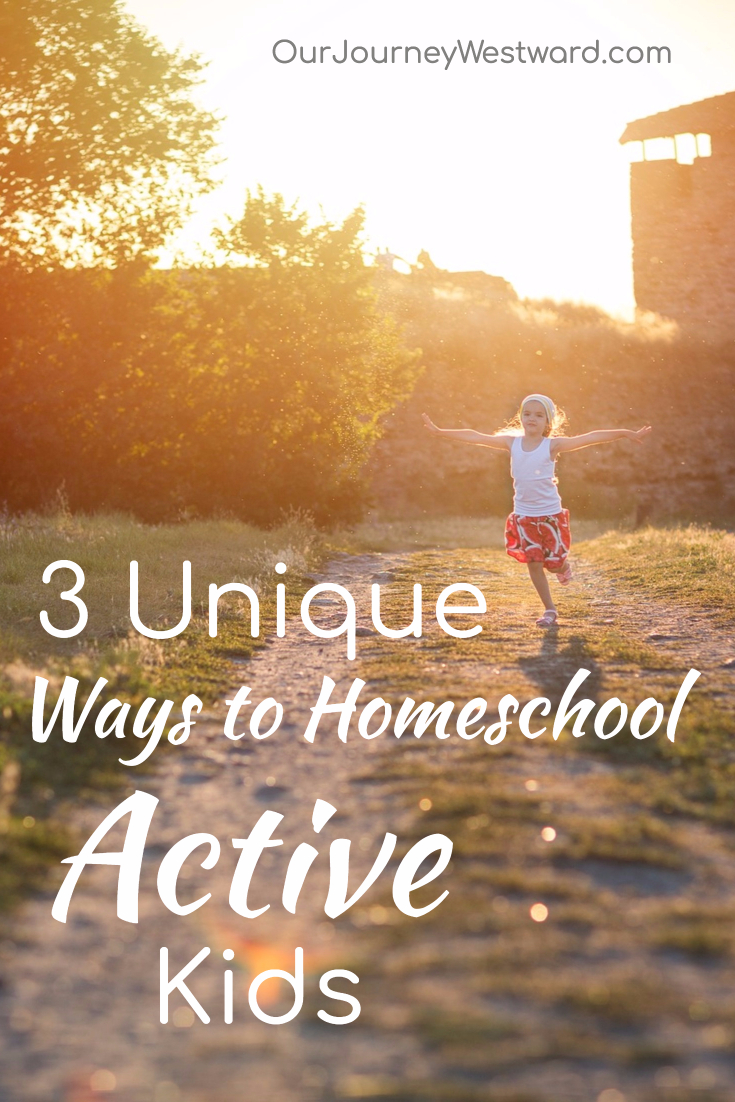 Girl in white shirt and red skirt holds arms open and runs towards the camera on a gravel road. For a blog post about unique ways to homeschool active kids.