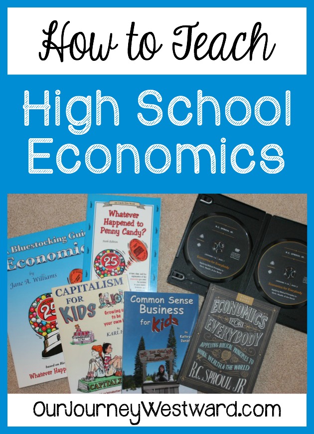 Economics books and DVDs laying on the floor for a blog image about How to Teach High School Economics.