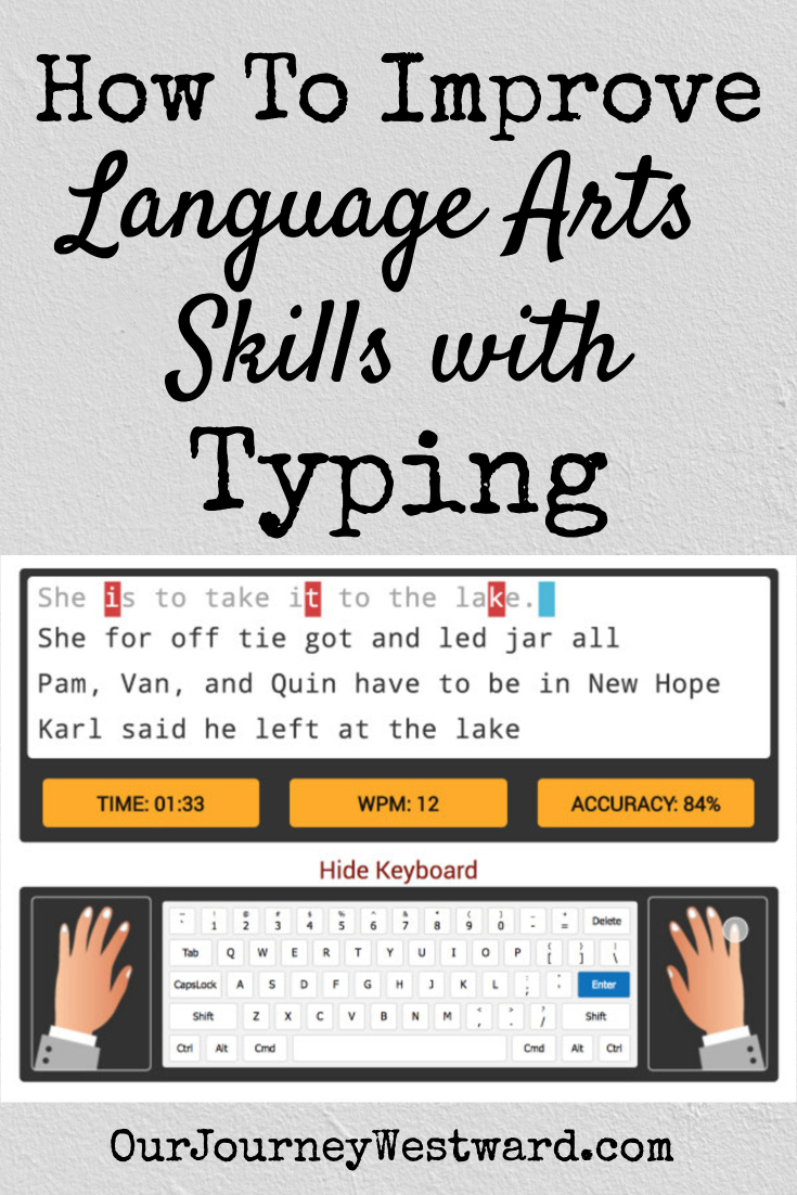 Typing skills simulator image of a screen and a keyboard with animated hands placed on either side of it.